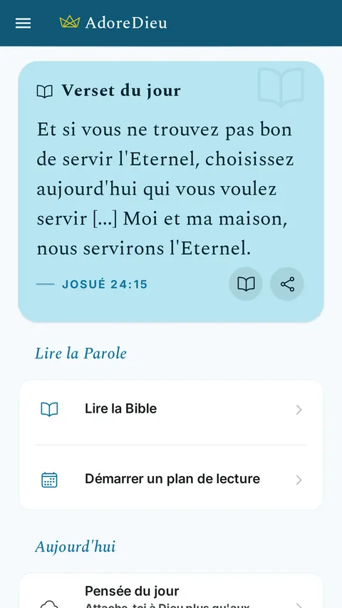 Écran d'accueil avec le verset du jour