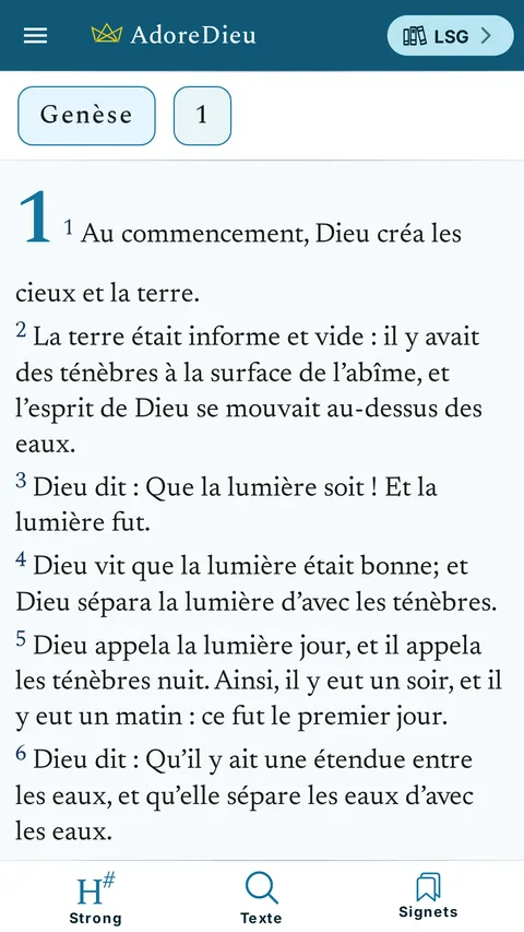 Lecture de la Bible, Genèse 1 en version LSG