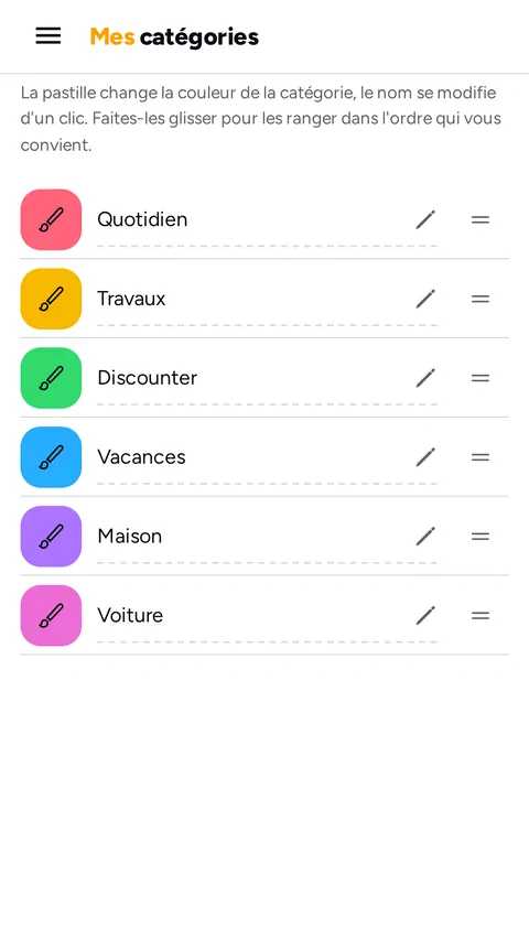 Écran de gestion des catégories