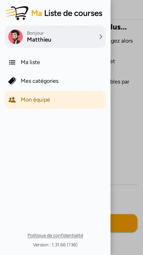 Menu de l'application avec Mon équipe