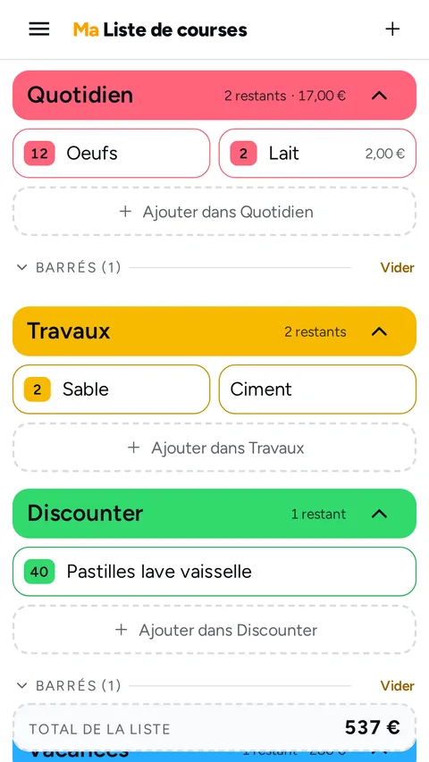 Écran de la liste, catégories colorées